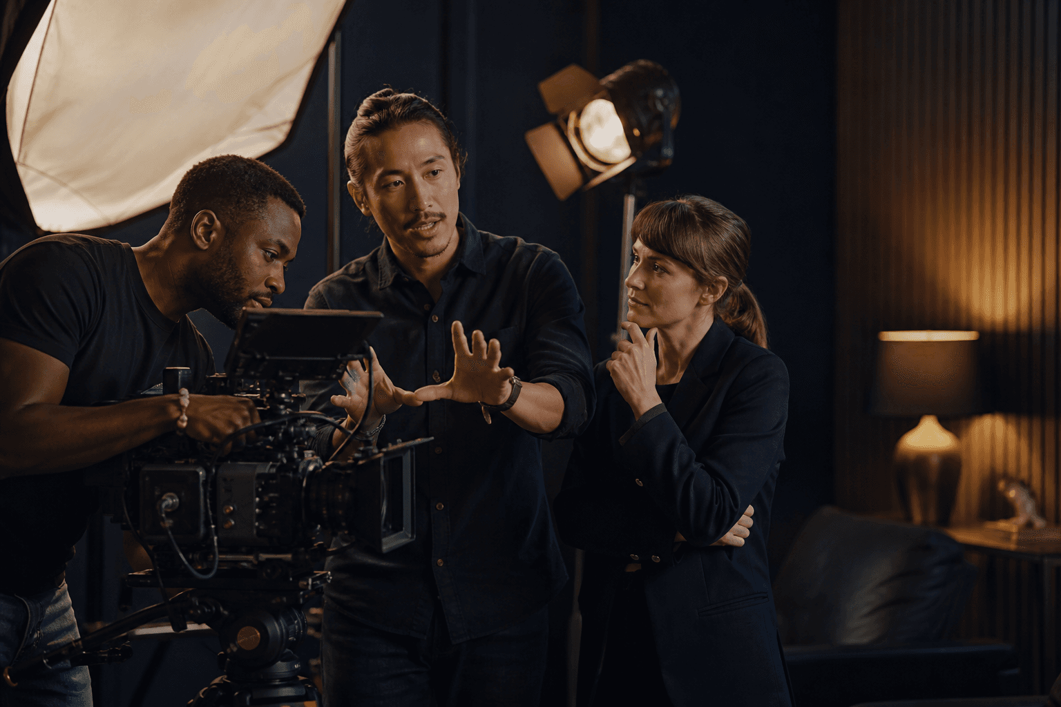 Filmteam bespricht gemeinsam eine professionelle Produktion