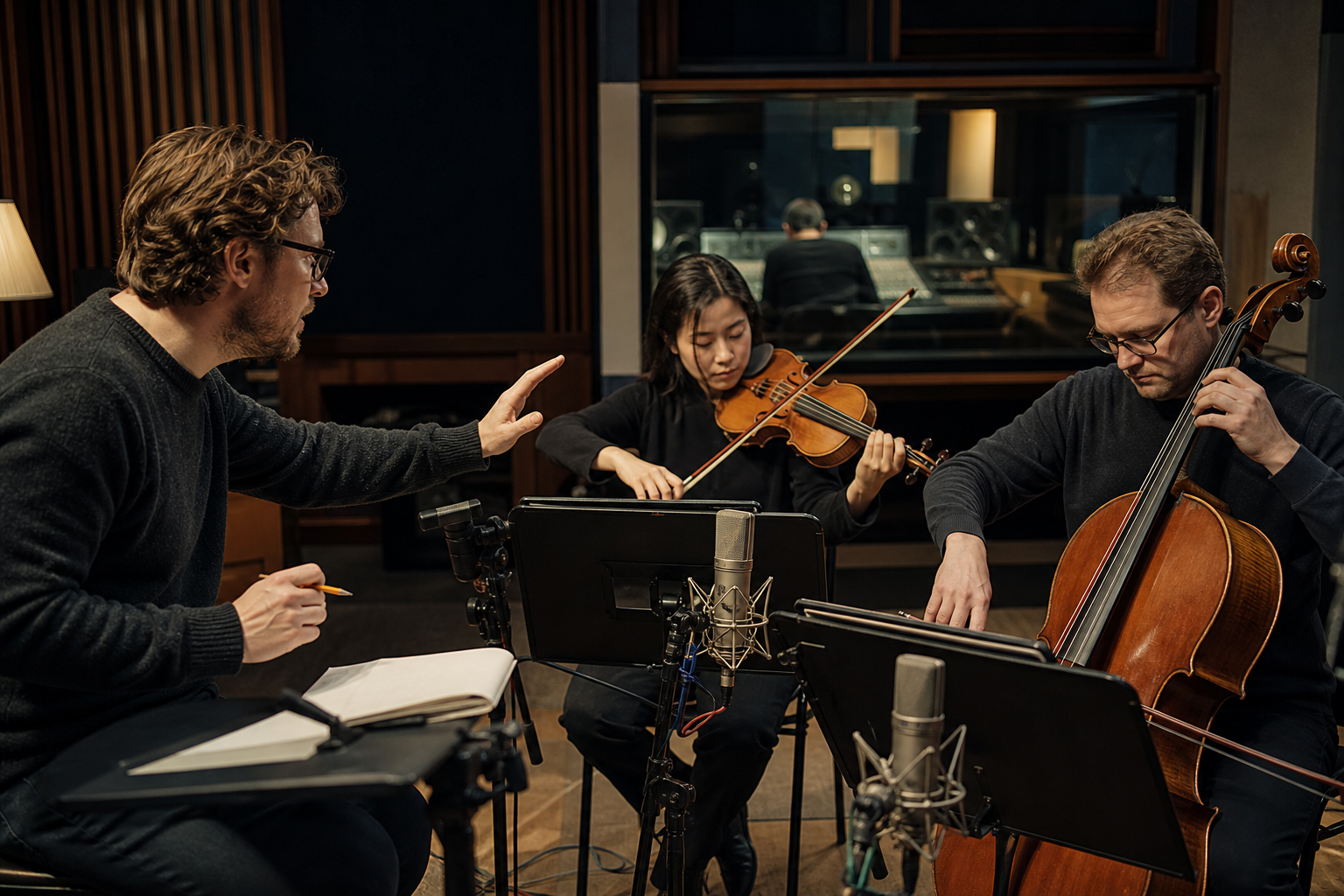 Komponist, Geigerin und Cellist bei einer Studioaufnahme