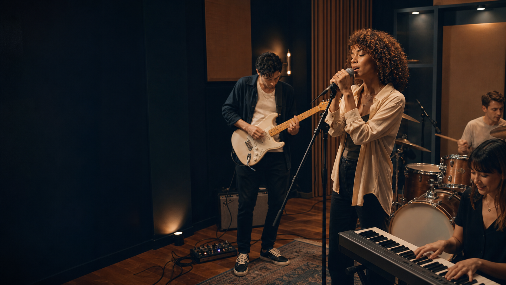 Band spielt gemeinsam Musik im Studio