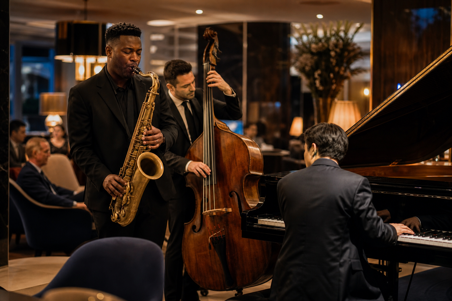 Jazzmusiker spielen Saxofon, Kontrabass und Klavier