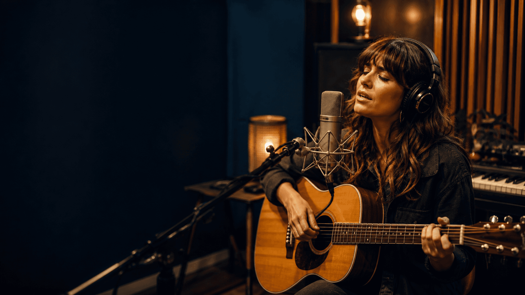 Musikerin singt im Studio und spielt Gitarre